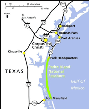 Map showing the location of Padre Island between the Laguna Madre and the Gulf of Mexico