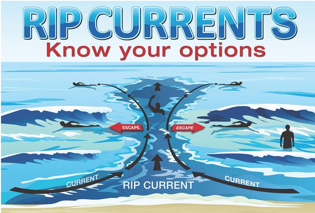 A drawing showing how to swim parallel to shore to escape a rip current.