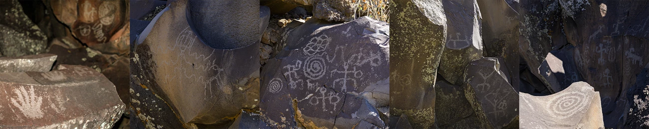 The recorder struck basalt with a hammer stone to peck away the dark, desert varnish. Hundreds of geometric designs, spirals, handprints, anthropomorphs (human-like figures) and zoomorphs (animal-like figures) grace the cliffs. Geometric designs, spirals, handprints, anthropomorphs (human-like figures) and zoomorphs (animal-like figures) on basalt rock.