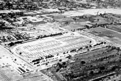 Oblique aerial view of the Stockton Assembly Center