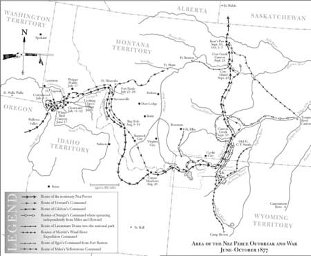 map of the area of the Nez Perce Outbreak and War