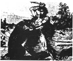 man battling wolf