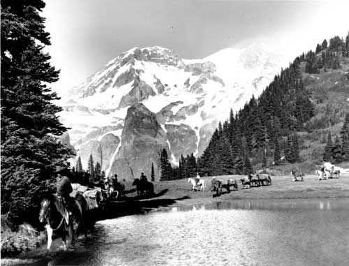 Horse party on the Wonderland Trail at Klapatche Park, August 1955