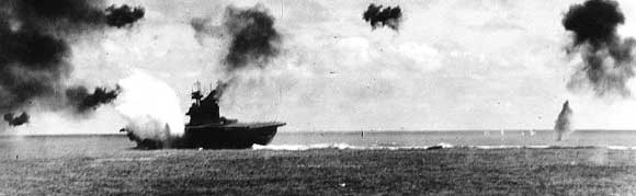 US Carrier Yorktown is hit by Japanese bombs during the Battle of Midway, June 1942