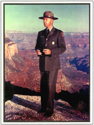 Image of a National Park Service Ranger on the rim of the Grand Canyon, circa 1965