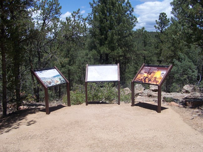 A grouping of three wayside signs with a trail in the foreground and trees and shrubs in the background.