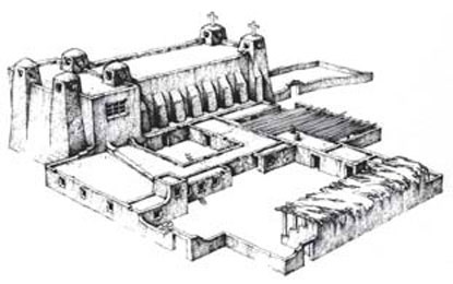 A drawing of the Mission Church and Convento built in 1625