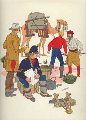 camel with army officer and others at camp
