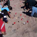 students dig in the dirt during a mock archeological excavation