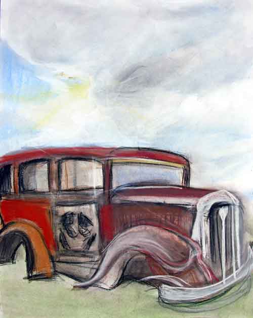 colorful painting of Studebaker as it sits at the Route 66 pull out within the park
