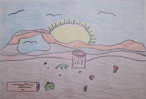 colorful landscape drawing with petrified wood, the sun, and rolling badland hills