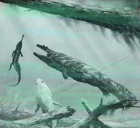 Metoposaurs and young phytosaur painting
