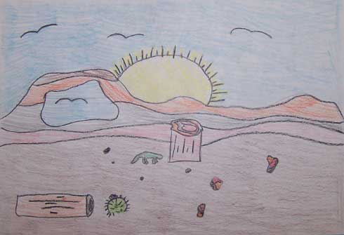 colorful landscape drawing with petrified wood, the sun, and rolling badland hills colorful landscape drawing with petrified wood, the sun, and rolling badland hills