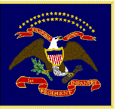 U.S. regimental flag.  The flag is a large blue square with an eagle with its wings outstretched in the center.  There is a red scroll beneath the eagle stating “1st Infantry Regiment.”