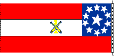 1st National Flag.  There are three stripes, (red, white and red) with a blue square in the upper corner.  Inside the square are 13 stars in a circle.  There is a crossed cannon marking in the middle of the white stripe.