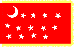 Van Dorn pattern battle flag.  Red flag, with a white crescent moon in the upper left corner and 13 white stars in 3 rows.