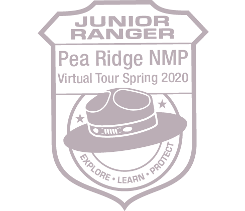 Image of ranger bagde with a, ranger hat in the middle. The writing on the bagde from top to bottom states, Juior Ranger, Pea Ridge NMP, Virtual Tour Spring 2020, Explore, Learn, Protect