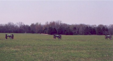 Three artillery pieces representing Tull's Missouri Artillery facing the second Federal position.