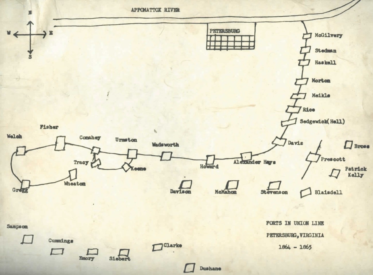 Hand drawn and typed map. The Appomattox River is across the top a line of 19 forts on the right curves across the to the center and forms a hook on the left. Fourteen forts are in support positions behind the line.