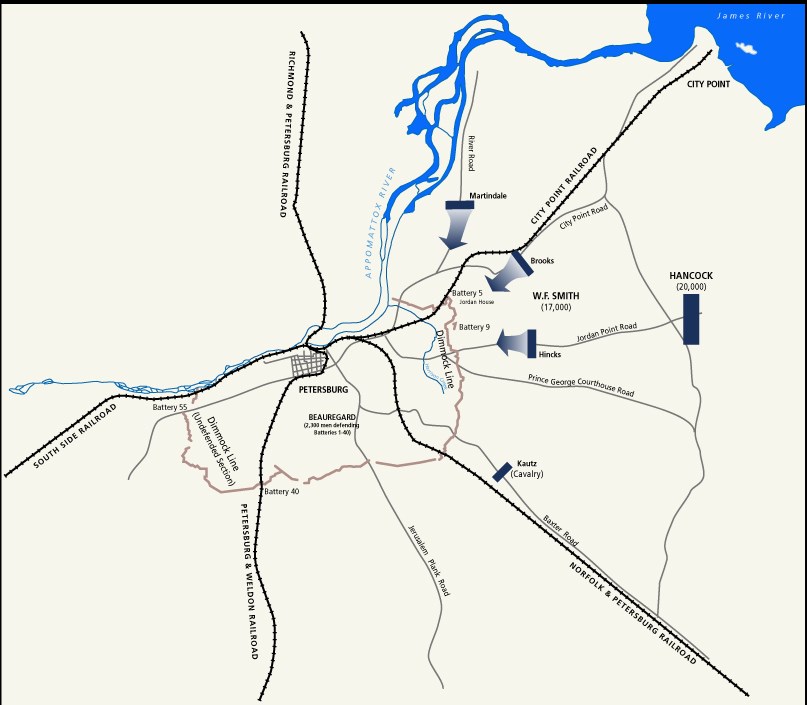 Map: Petersburg in center surrounded by light red semicircle . 3 blue arrows on right point toward semicircle.