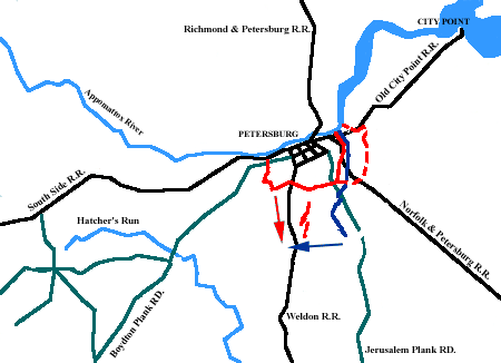 Map of Petersburg, VA showing location of the Battle of Weldon Railroad