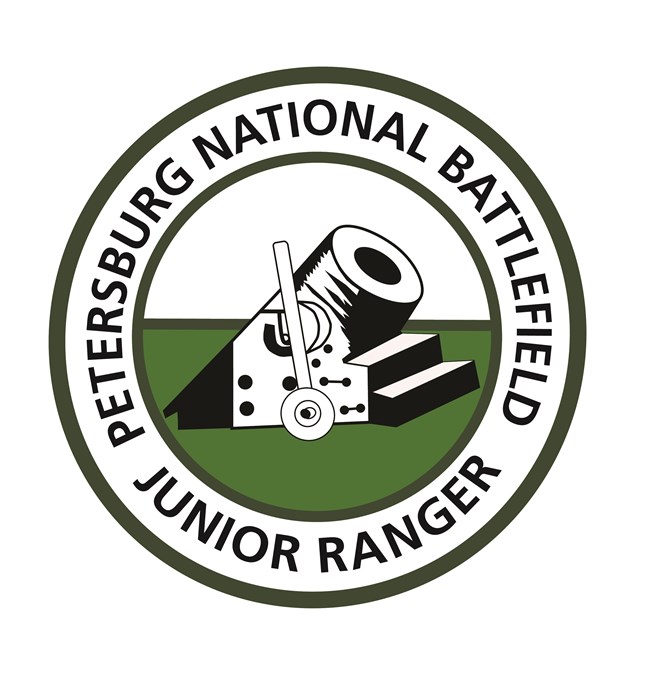Text in a circle around a sea coast mortar reads "Petersburg National Battlefield Junior Ranger."