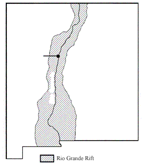 Black and white drawing showing the area of the Rio Grande Rift through the center of New Mexico.