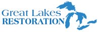 Great Lakes Restoration Initiative logo. Blue text with the shapes of the Great Lakes in blue. Rest of the area is white.