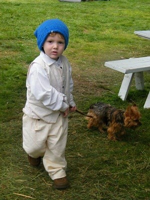 Young volunteer in historic clothes, white pants, shirt, and vest, with a blue sock hat walks a small brown and black dog on a leash.
