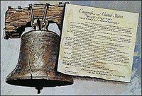 The Liberty Bell is depicted with the U.S. Constitution.