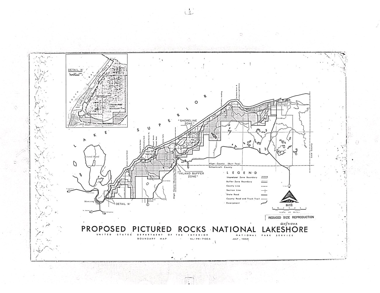 Boundary Map of the proposed Pictured Rocks National Lakeshore July 1966. For a detailed description please call 906-387-2607.
