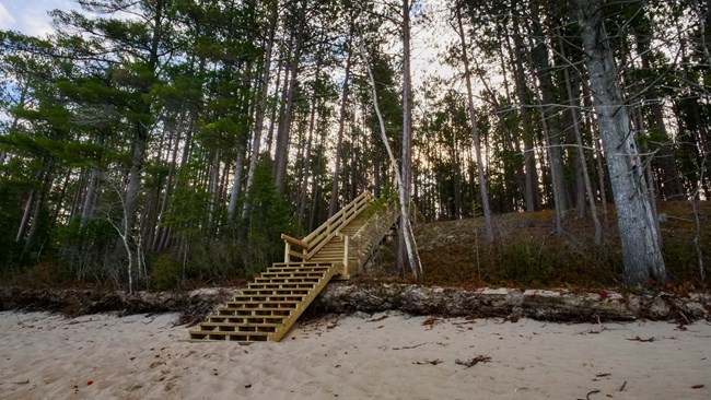 a set of wood stairs leading from a beach