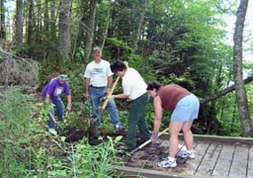 Four Adopt-a-Trail volunteers help maintain a trail and boardwalk.