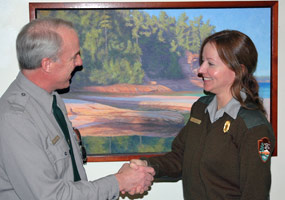 Superintendent Jim Northup welcomes Meg Hahr, Chief of Science and Natural Resources, to the Pictured Rocks National Lakeshore staff.