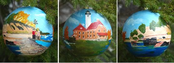 This gold globe ornament is adorned with three scenes from Pictured Rocks National Lakeshore, and is destined for the White House Christmas tree.