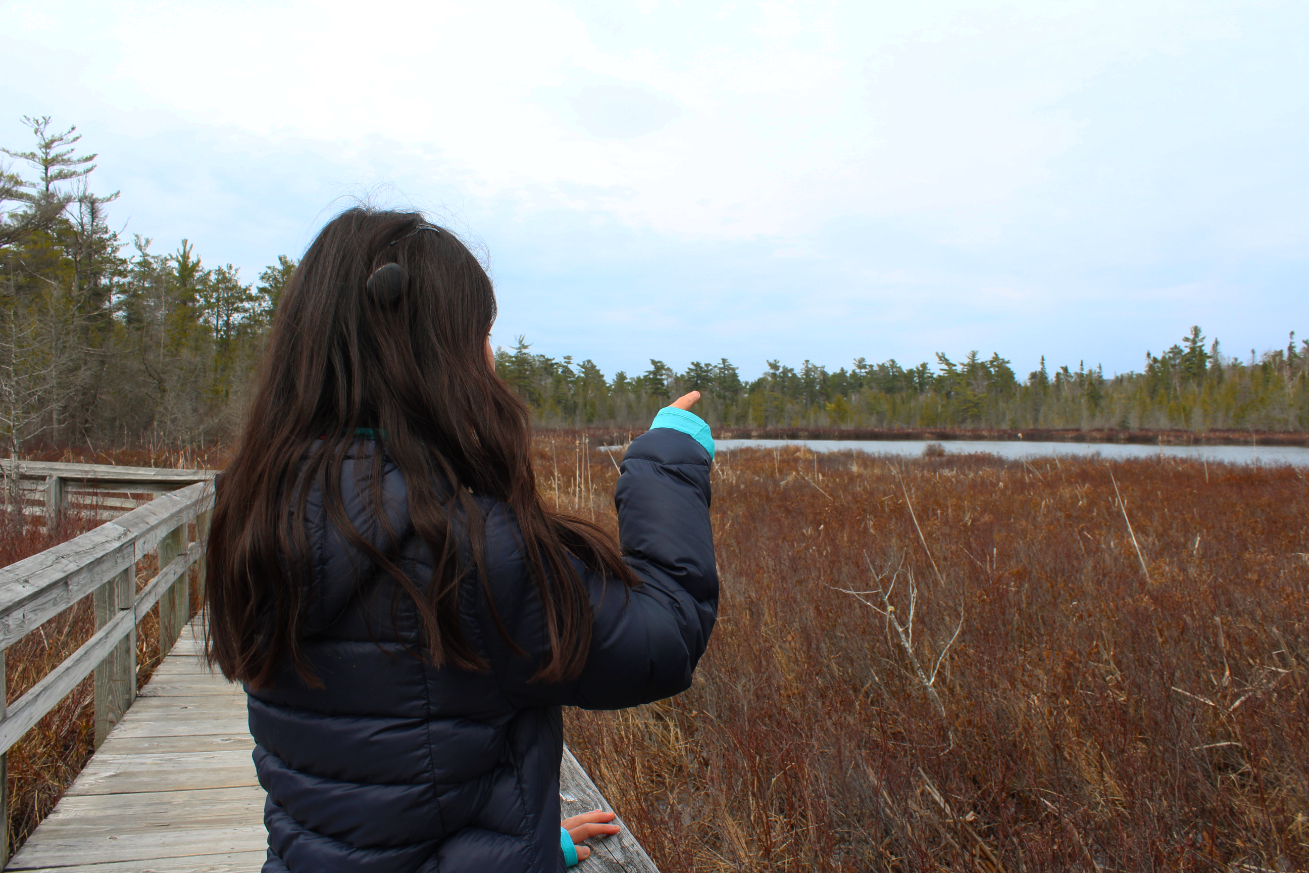 A girl with black hair and a cochlear hearing aid points off of a boardwalk.
