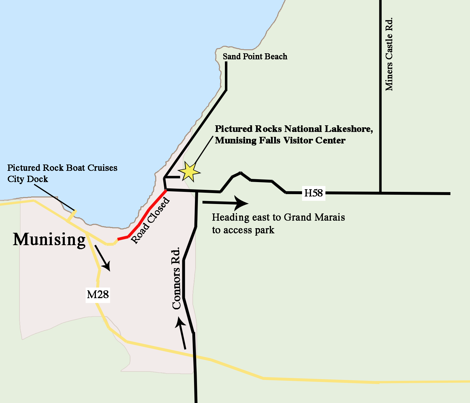 Map showing detour route from Munising to Munising Falls Visitor Center.
