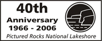 Pictured Rocks National Lakeshore celebrates its 40th anniversary in 2006, and created this special stamp to commemorate the occasion.  It features a sketch of the Pictured Rocks cliffs, created by Gregg Bruff.