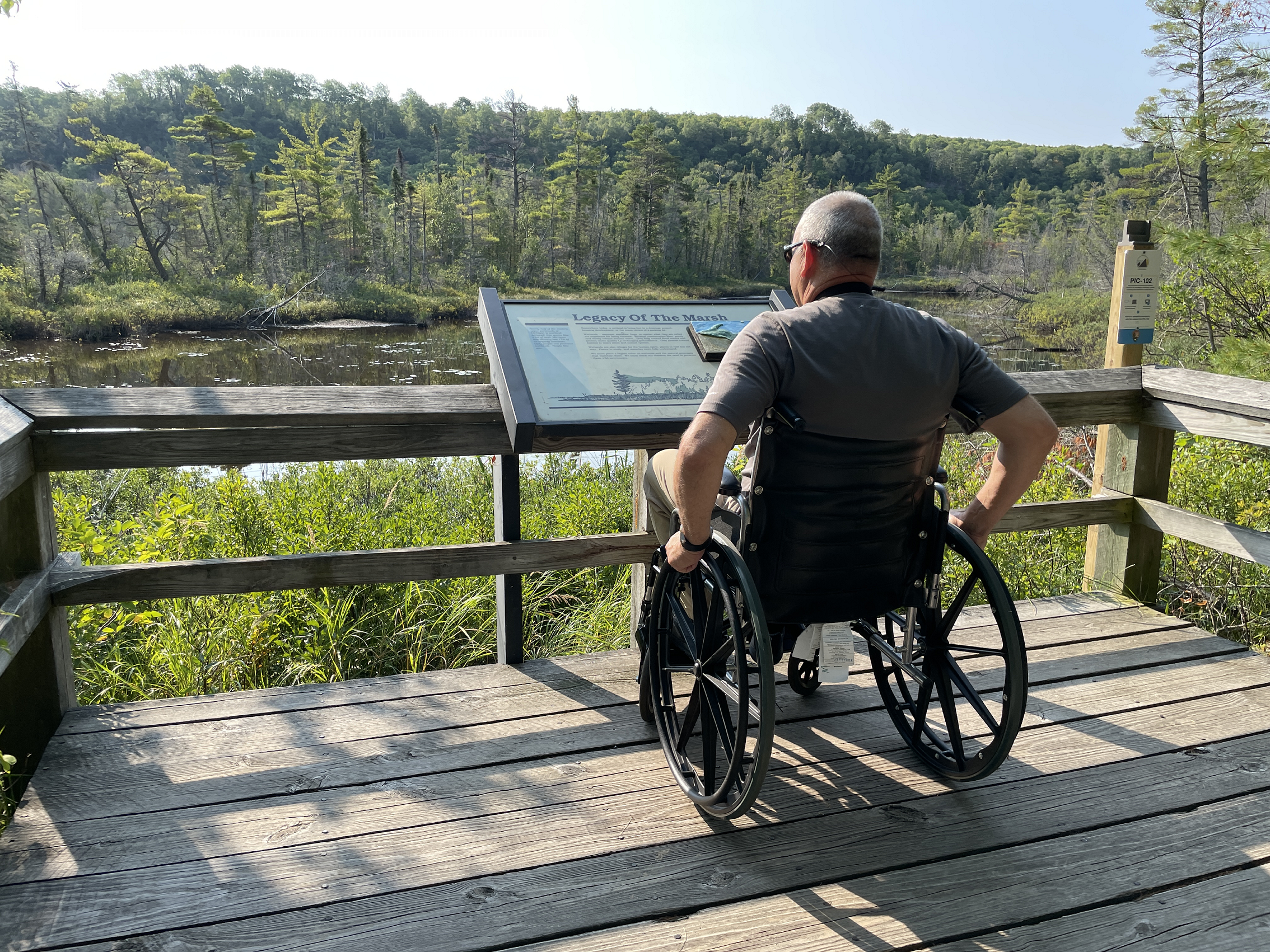 Man in wheelchair viewing marsh wayside exhibit