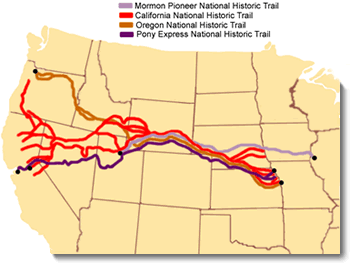 Map image of the Pony Express, Mormon Pioneer, Oregon, & California national historic trails.