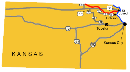 Map image showing the auto tour route driving directions across Kansas.