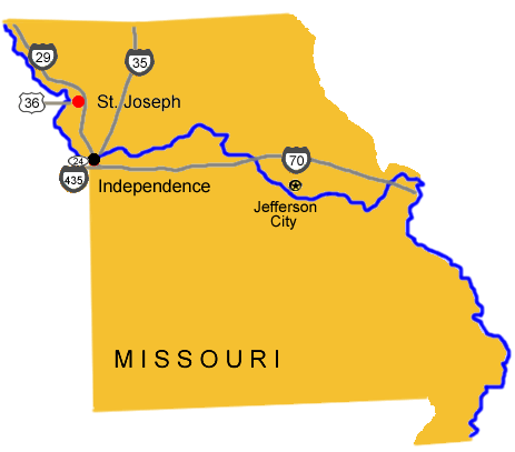 Map image showing the auto tour route for the Pony Express NHT from Missouri.