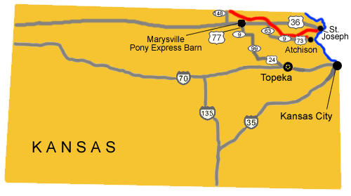 Map image showing the location for the Marysville Pony Express Barn.