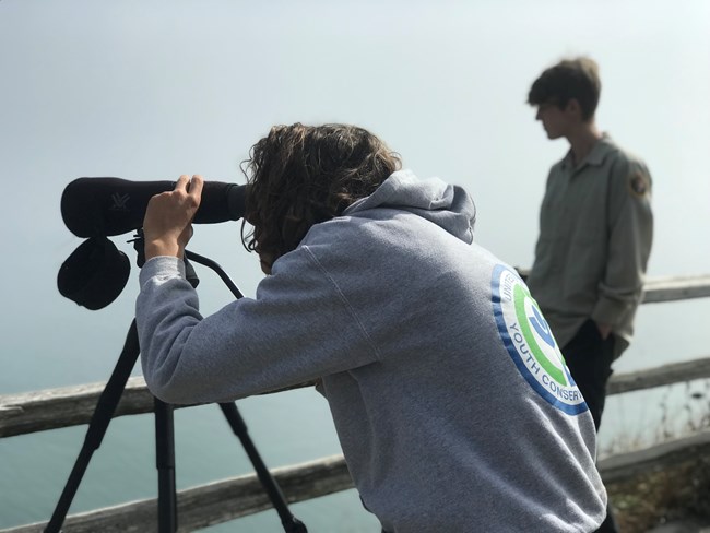 A young adult wearing a gray hoody looks through a spotting scope.