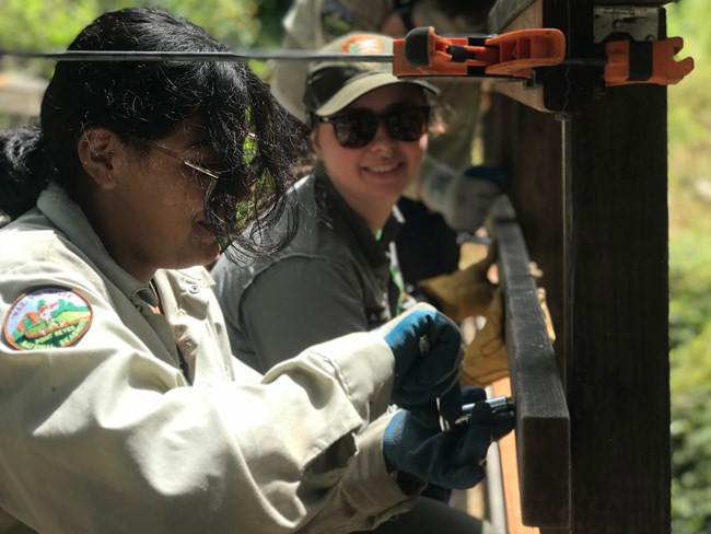 A young woman assists NPS staff repair a wooden bridge.