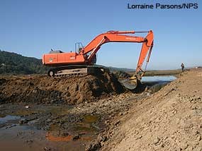 Excavator breaching a levee to allow tide waters to flood the Giacomini Wetlands on Sunday, October 26, 2008.