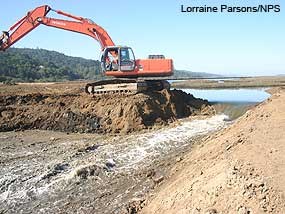 Water flowing through breached levee on October 25, 2008.