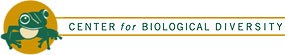 The words "Center for Biological Diversity" to the right of a cartoon of a tree frog in a gold-colored circle.