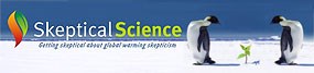The words "Skeptical Science" to the left of a photo of two penguins looking at a sprouting plant growing out of ice.