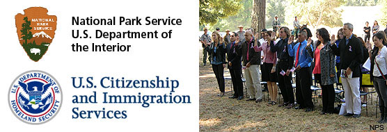 Logos for the National Park Service and the U.S. Citizenship and Immigration Service (left) and a picture of citizenship candidates taking an oath during the 2011 Naturalization Ceremony at Point Reyes National Seashore.